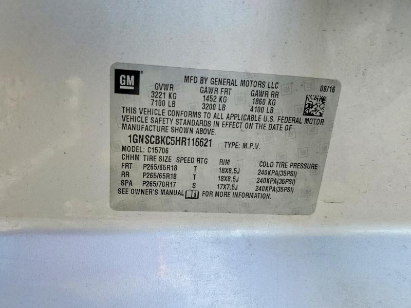 Продаж на аукціоні авто 2017 Chevrolet Tahoe, vin: 1GNSCBKC5HR116621, номер лоту: 60180366