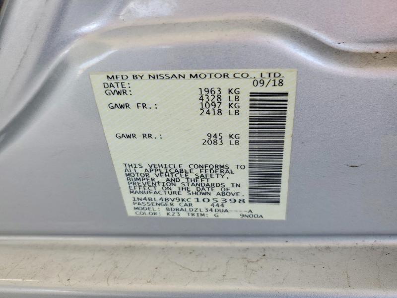 59375416 :رقم المزاد ، 1N4BL4BV9KC105398 vin ، 2019 Nissan Altima مزاد بيع