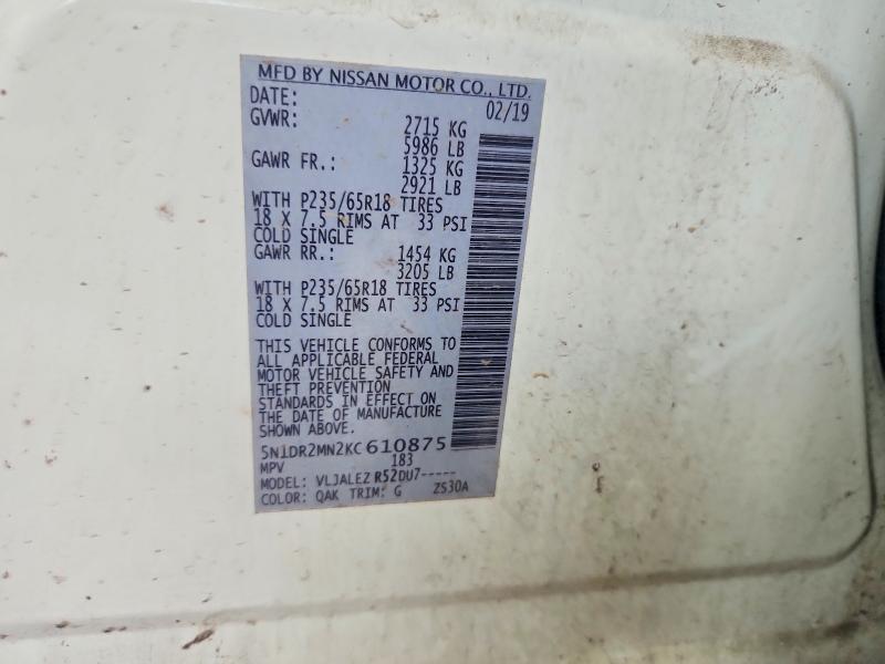 60862376 :رقم المزاد ، 5N1DR2MN2KC610875 vin ، 2019 Nissan Pathfinder مزاد بيع