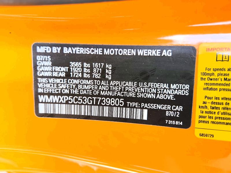Aukcja sprzedaży 2016 Mini Cooper, vin: WMWXP5C53GT739805, numer aukcji: 60040166