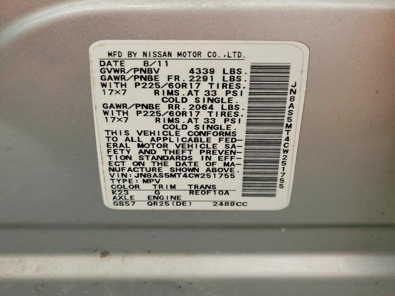 61577846 :رقم المزاد ، JN8AS5MT4CW251755 vin ، 2012 Nissan Rogue مزاد بيع