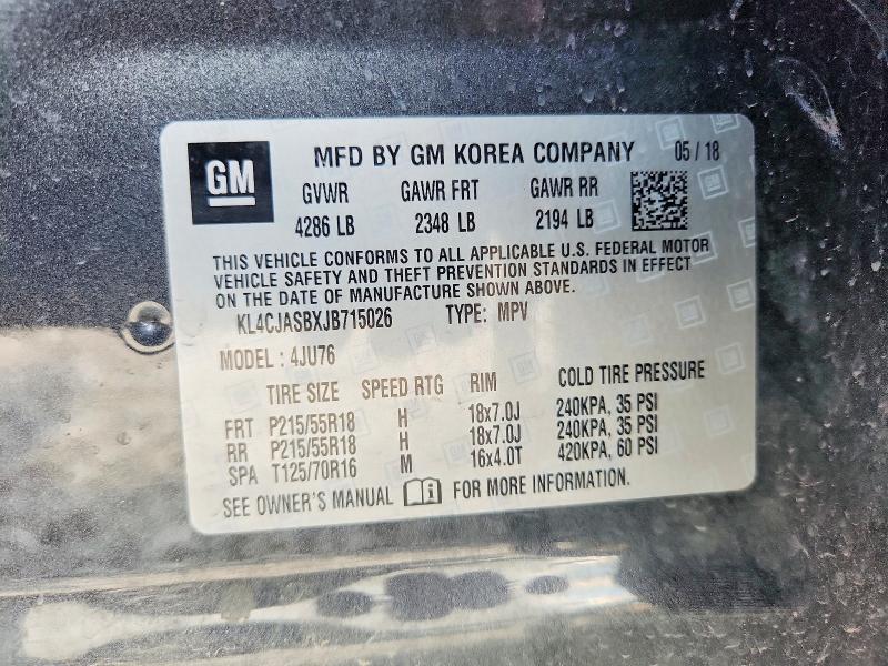 59742376 :رقم المزاد ، KL4CJASBXJB715026 vin ، 2018 Buick Encore مزاد بيع