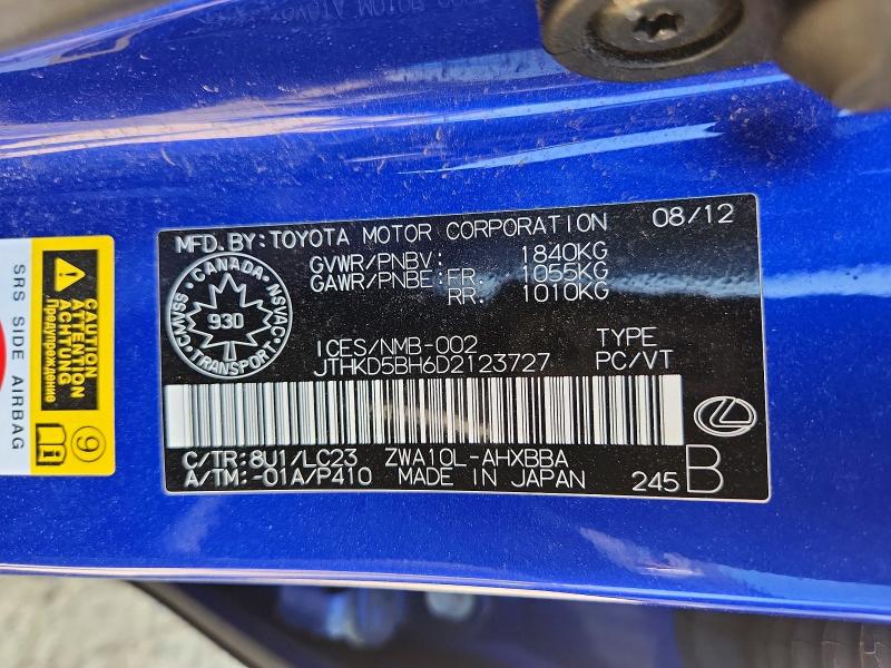 61092936 :رقم المزاد ، JTHKD5BH6D2123727 vin ، 2013 Lexus Ct مزاد بيع