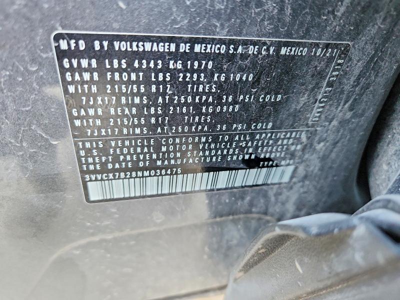 2022 Volkswagen Taos მანქანა იყიდება აუქციონზე, vin: 3VVCX7B28NM036475, აუქციონის ნომერი: 61333706