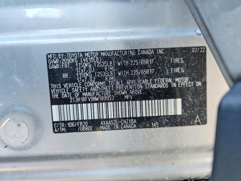 61891556 :رقم المزاد ، 2T3H1RFV9NW189953 vin ، 2022 Toyota Rav4 مزاد بيع