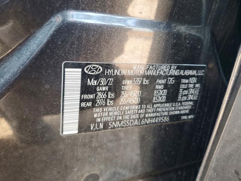 2022 Hyundai Santa Fe მანქანა იყიდება აუქციონზე, vin: 5NMS5DAL6NH449586, აუქციონის ნომერი: 60019476