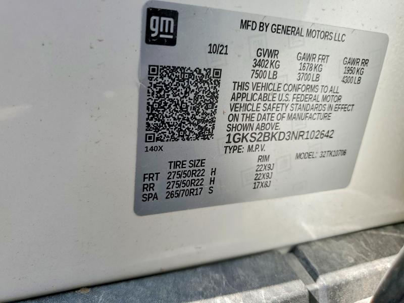 2022 Gmc Yukon მანქანა იყიდება აუქციონზე, vin: 1GKS2BKD3NR102642, აუქციონის ნომერი: 59103216