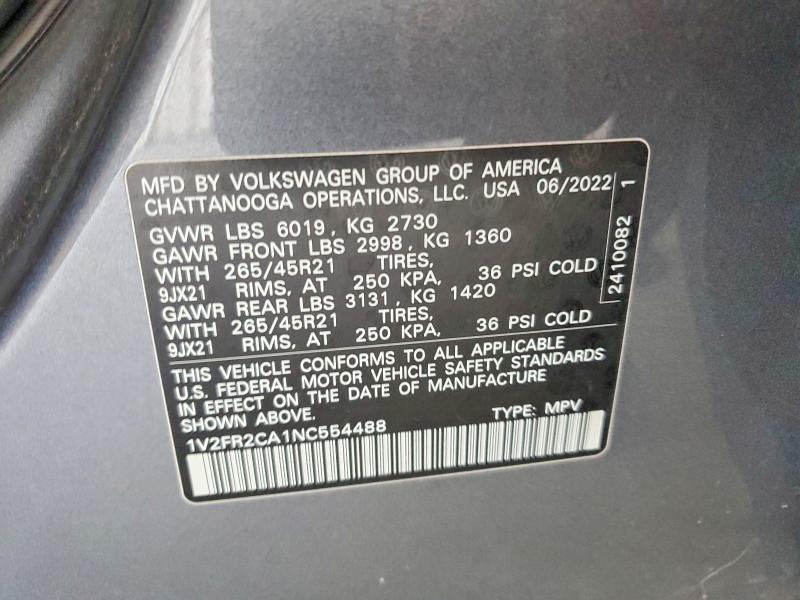 2022 Volkswagen Atlas მანქანა იყიდება აუქციონზე, vin: 1V2FR2CA1NC554488, აუქციონის ნომერი: 61214386