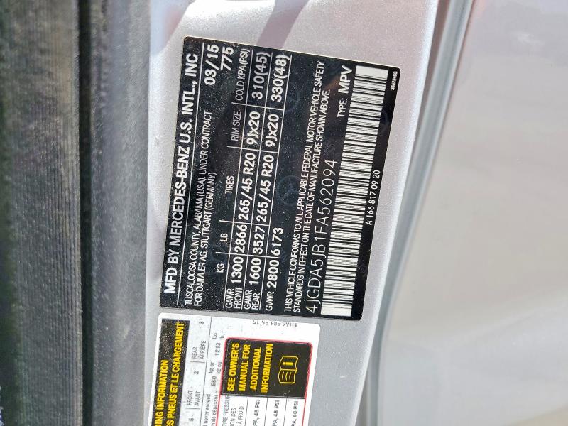 Продаж на аукціоні авто 2015 Mercedes-benz Ml, vin: 4JGDA5JB1FA562094, номер лоту: 62341786