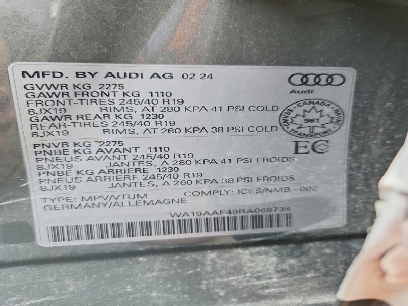 2024 Audi A4 Allroad მანქანა იყიდება აუქციონზე, vin: WA19AAF49RA068738, აუქციონის ნომერი: 61741626