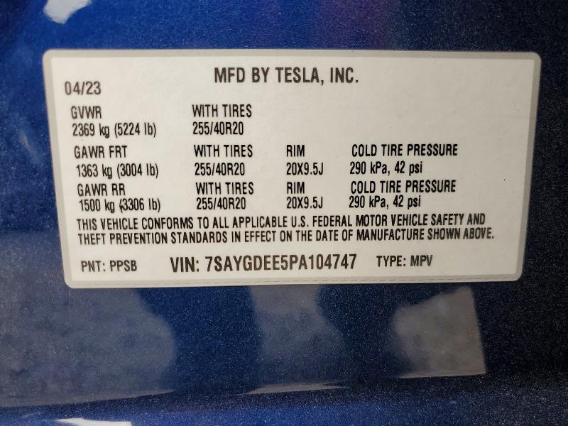 59710376 :رقم المزاد ، 7SAYGDEE5PA104747 vin ، 2023 Tesla Model Y مزاد بيع