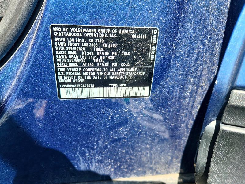 58774146 :رقم المزاد ، 1V2UR2CA9KC598872 vin ، 2019 Volkswagen Atlas مزاد بيع