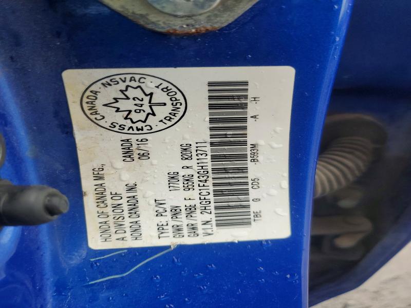 Продажа на аукционе авто 2016 Honda Civic, vin: 2HGFC1F43GH113711, номер лота: 62291856