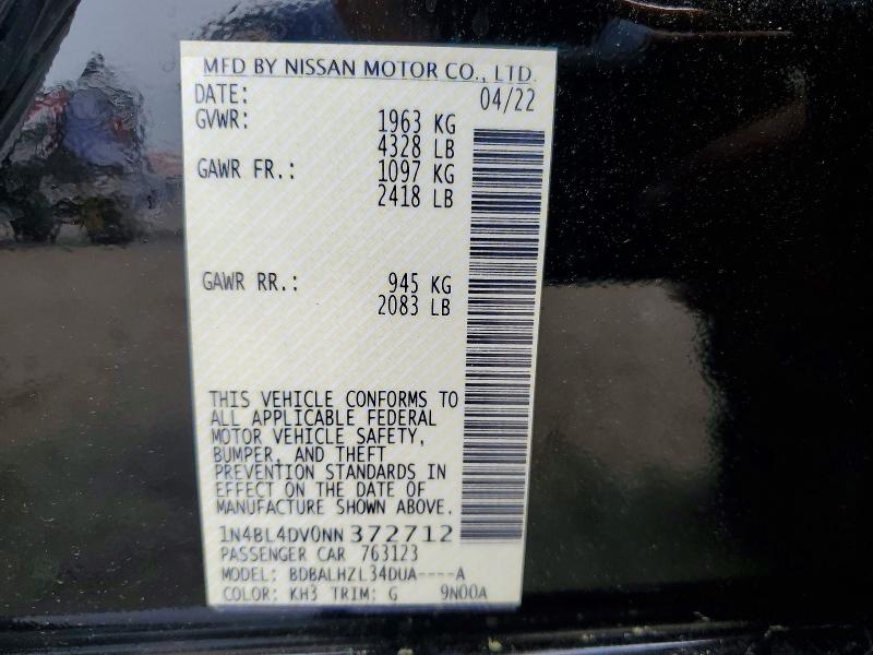 2022 Nissan Altima მანქანა იყიდება აუქციონზე, vin: 1N4BL4DV0NN372712, აუქციონის ნომერი: 60523516