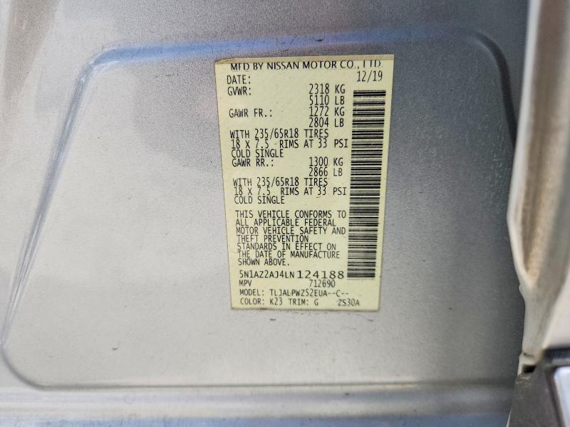 62529406 :رقم المزاد ، 5N1AZ2AJ4LN124188 vin ، 2020 Nissan Murano مزاد بيع
