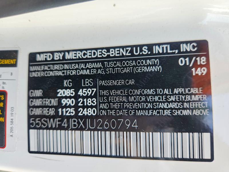 61430616 :رقم المزاد ، 55SWF4JBXJU260794 vin ، 2018 Mercedes-benz C مزاد بيع