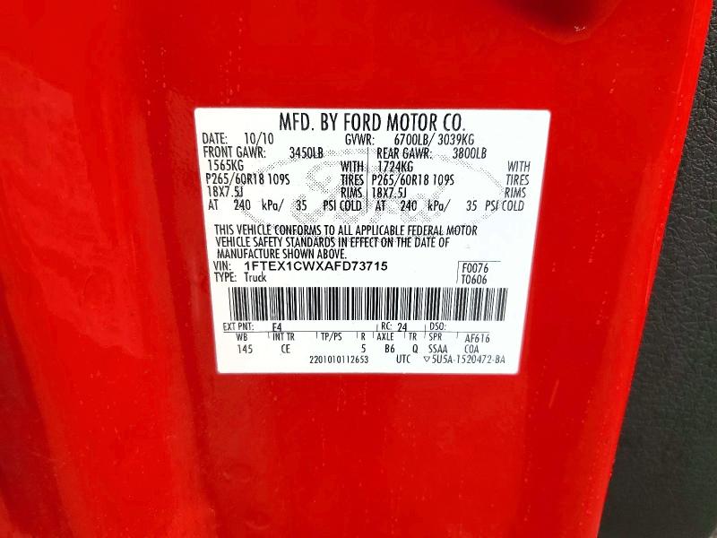 Aukcja sprzedaży 2010 Ford F150, vin: 1FTEX1CWXAFD73715, numer aukcji: 61107736
