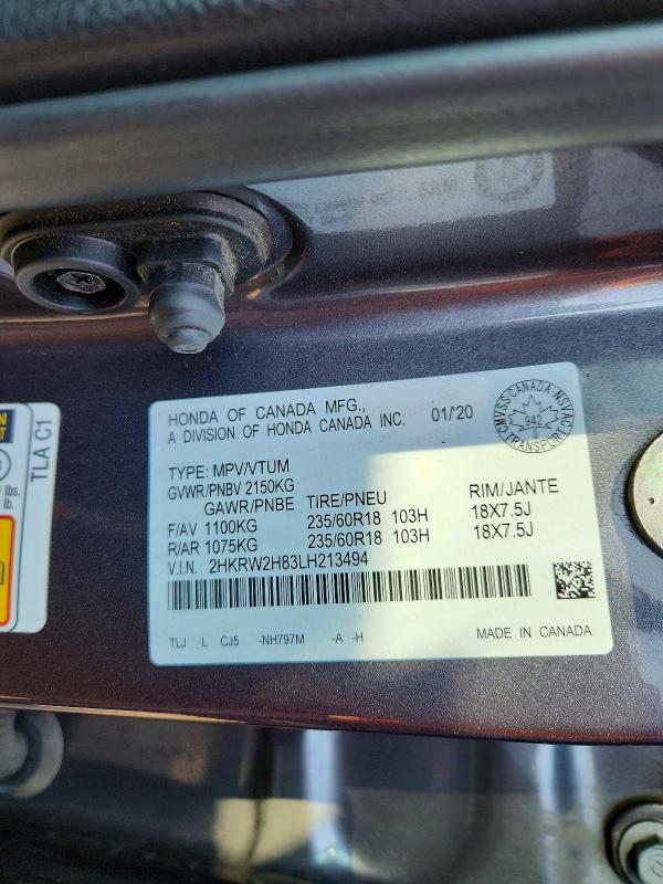 60296856 :رقم المزاد ، 2HKRW2H83LH213494 vin ، 2020 Honda Cr-v مزاد بيع
