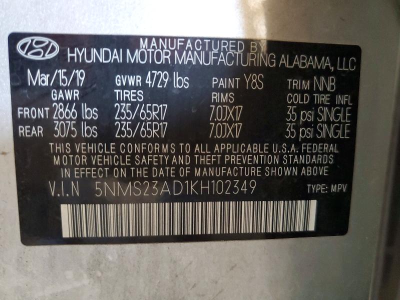 60875616 :رقم المزاد ، 5NMS23AD1KH102349 vin ، 2019 Hyundai Santa Fe مزاد بيع