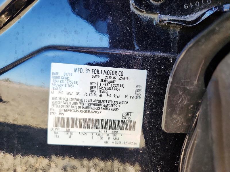 2019 Ford Edge მანქანა იყიდება აუქციონზე, vin: 2FMPK3J9XKBB62027, აუქციონის ნომერი: 61241996
