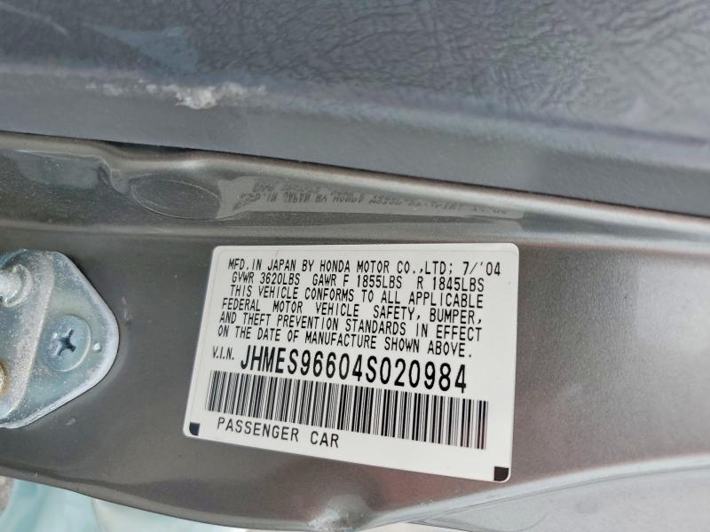 2004 Honda Civic მანქანა იყიდება აუქციონზე, vin: JHMES96604S020984, აუქციონის ნომერი: 61791276