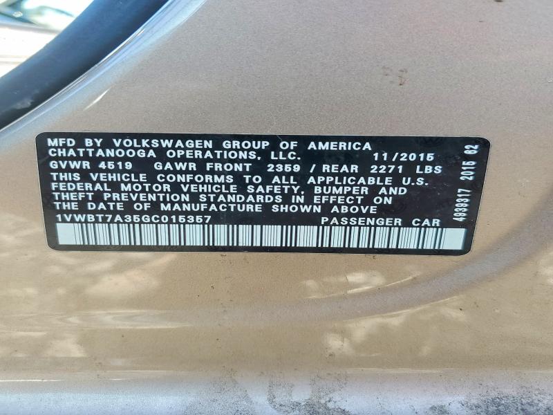 Aukcja sprzedaży 2016 Volkswagen Passat, vin: 1VWBT7A35GC015357, numer aukcji: 62409756