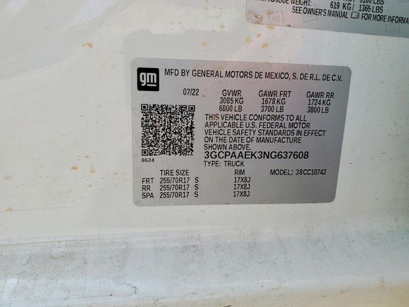 2022 Chevrolet Silverado მანქანა იყიდება აუქციონზე, vin: 3GCPAAEK3NG637608, აუქციონის ნომერი: 60698186