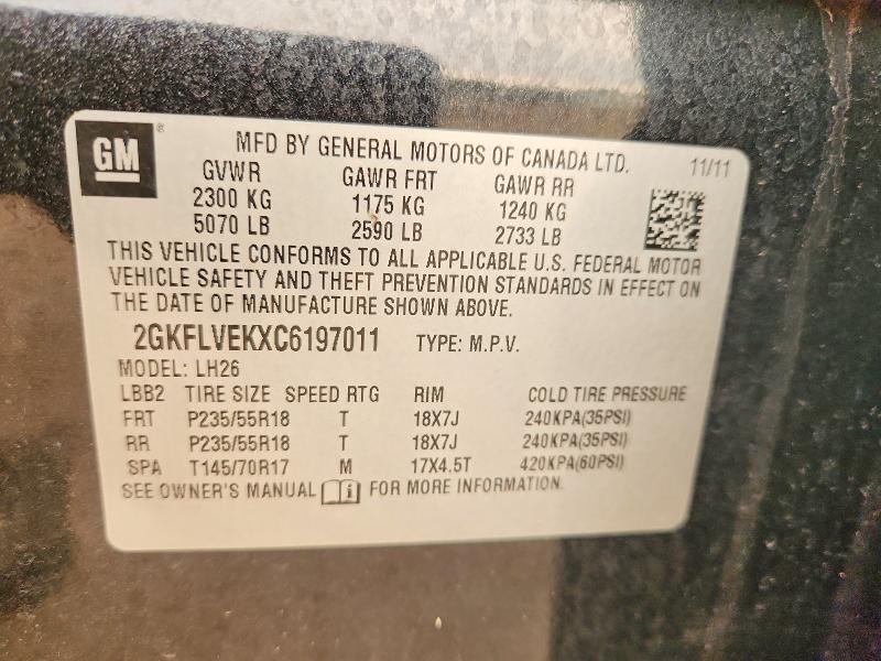 61101276 :رقم المزاد ، 2GKFLVEKXC6197011 vin ، 2012 Gmc Terrain مزاد بيع