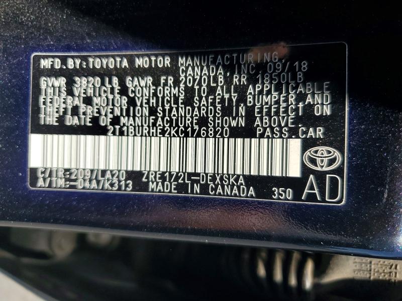 62678096 :رقم المزاد ، 2T1BURHE2KC176820 vin ، 2019 Toyota Corolla مزاد بيع