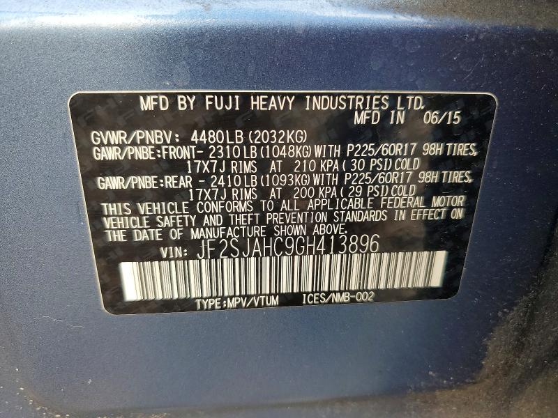 Продаж на аукціоні авто 2016 Subaru Forester, vin: JF2SJAHC9GH413896, номер лоту: 57624366