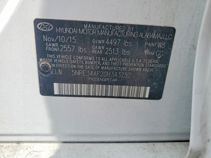 76295565 :رقم المزاد ، 5NPE34AF2GH343252 vin ، 2016 Hyundai Sonata مزاد بيع