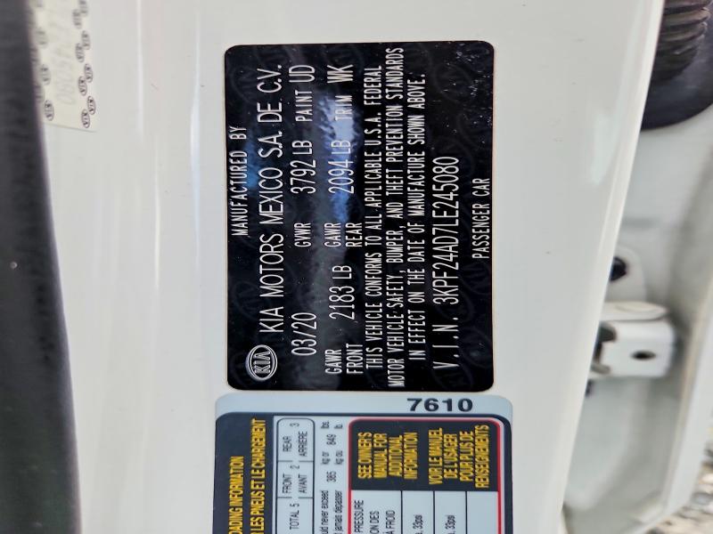 2020 Kia Forte მანქანა იყიდება აუქციონზე, vin: 3KPF24AD7LE245080, აუქციონის ნომერი: 60176196