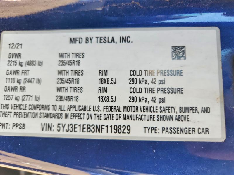 Aukcja sprzedaży 2022 Tesla Model 3, vin: 5YJ3E1EB3NF119829, numer aukcji: 59247516