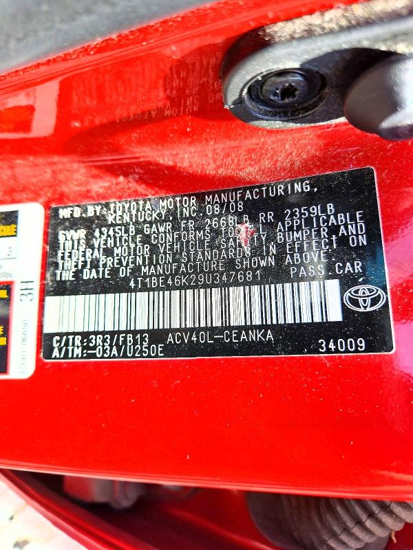 Aukcja sprzedaży 2009 Toyota Camry, vin: 4T1BE46K29U347681, numer aukcji: 60605506