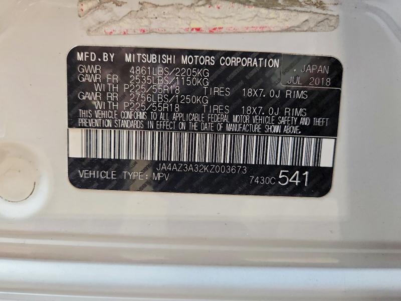 2019 Mitsubishi Outlander მანქანა იყიდება აუქციონზე, vin: JA4AZ3A32KZ003673, აუქციონის ნომერი: 60768736