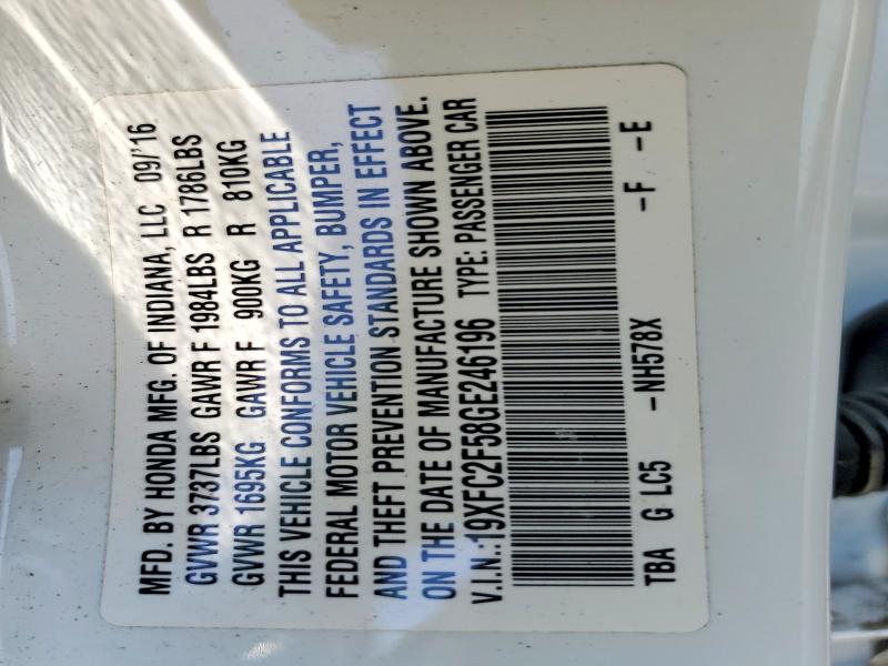 2016 Honda Civic მანქანა იყიდება აუქციონზე, vin: 19XFC2F58GE246196, აუქციონის ნომერი: 60884236
