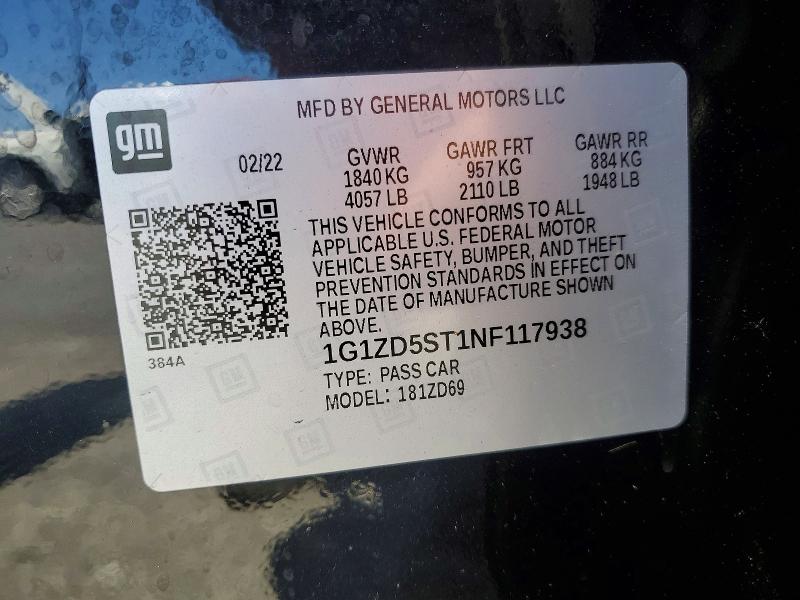 Aukcja sprzedaży 2022 Chevrolet Malibu, vin: 1G1ZD5ST1NF117938, numer aukcji: 60877836