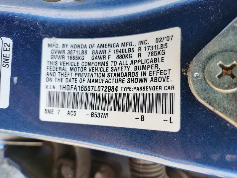2007 Honda Civic მანქანა იყიდება აუქციონზე, vin: 1HGFA16557L072984, აუქციონის ნომერი: 59977006