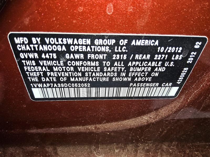 Продажа на аукционе авто 2013 Volkswagen Passat, vin: 1VWAP7A39DC052052, номер лота: 60086406