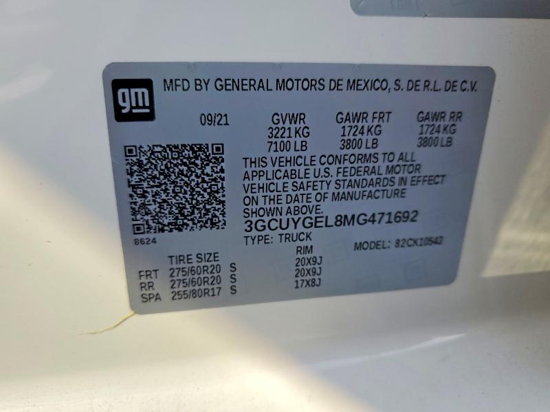 Aukcja sprzedaży 2021 Chevrolet Silverado, vin: 3GCUYGEL8MG471692, numer aukcji: 62256156