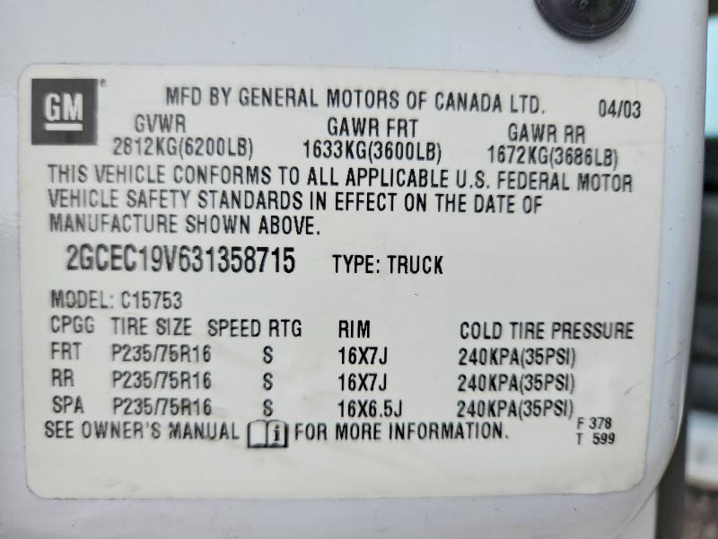 Aukcja sprzedaży 2003 Chevrolet Silverado, vin: 2GCEC19V631358715, numer aukcji: 60657986