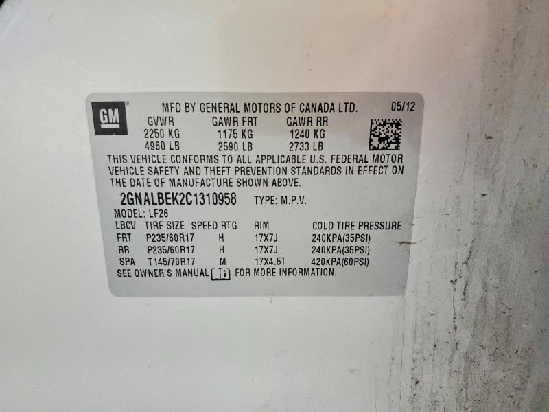 61431786 :رقم المزاد ، 2GNALBEK2C1310958 vin ، 2012 Chevrolet Equinox مزاد بيع