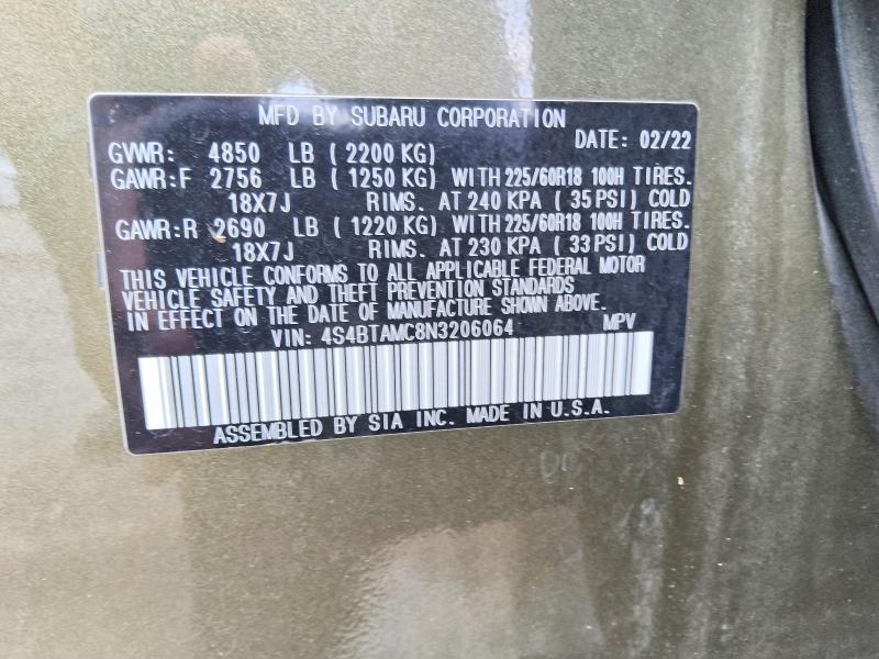 Продаж на аукціоні авто 2022 Subaru Outback, vin: 4S4BTAMC8N3206064, номер лоту: 59849366