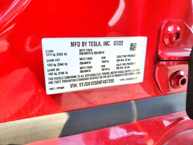 63051176 :رقم المزاد ، 5YJSA1E50NF487290 vin ، 2022 Tesla Model S مزاد بيع