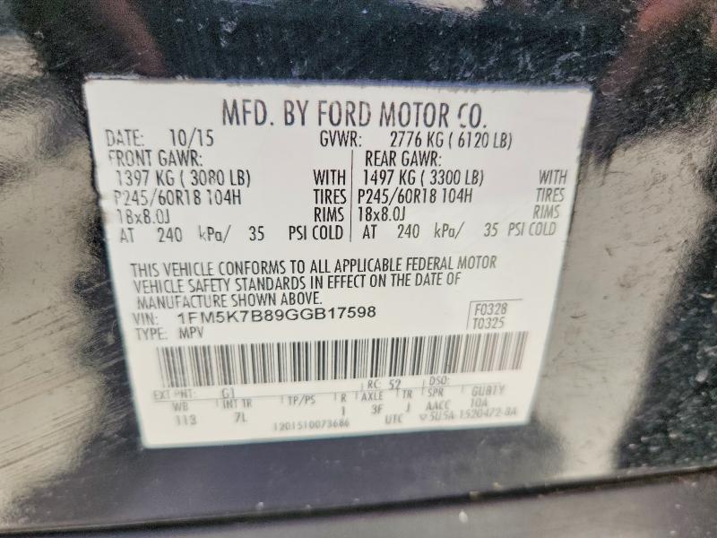 61172526 :رقم المزاد ، 1FM5K7B89GGB17598 vin ، 2016 Ford Expl مزاد بيع