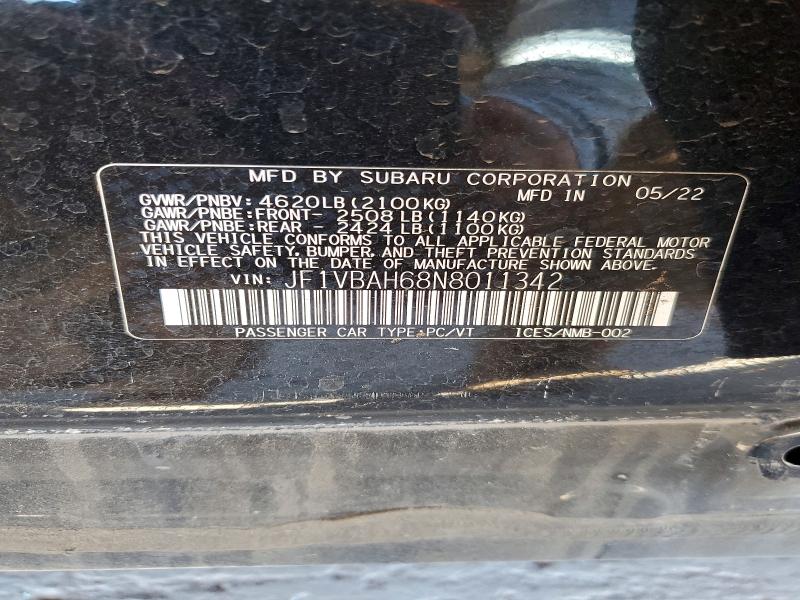 Aukcja sprzedaży 2022 Subaru Wrx, vin: JF1VBAH68N8011342, numer aukcji: 59709016