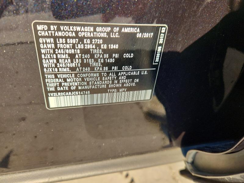 Продажа на аукционе авто 2018 Volkswagen Atlas, vin: 1V2LR2CA8JC514745, номер лота: 62979336