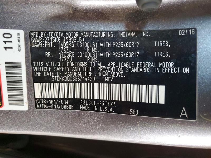 2016 Toyota Sienna მანქანა იყიდება აუქციონზე, vin: 5TDKK3DC3GS714429, აუქციონის ნომერი: 60644576