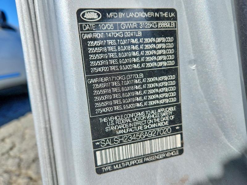 2006 Land Rover Range Rover Sport მანქანა იყიდება აუქციონზე, vin: SALSH23456A927020, აუქციონის ნომერი: 62909946