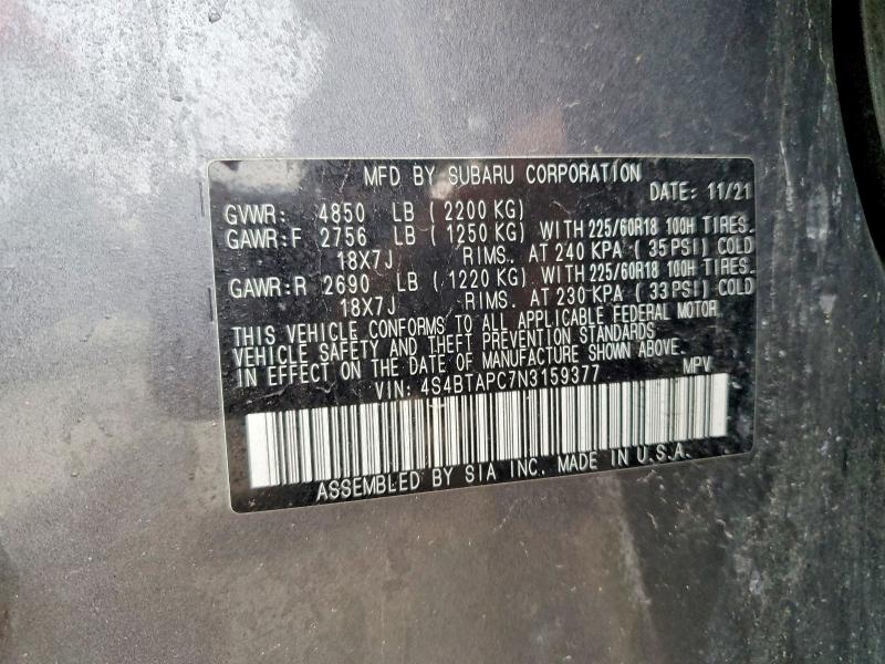 Продажа на аукционе авто 2022 Subaru Outback, vin: 4S4BTAPC7N3159377, номер лота: 62749266